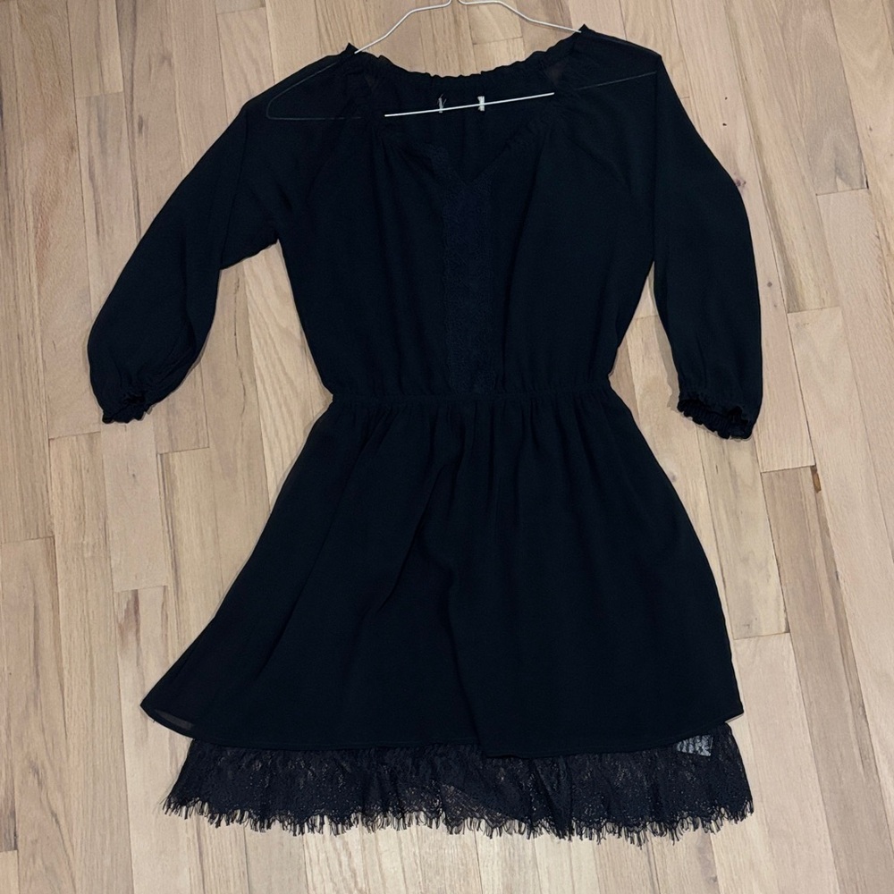 Navy Blue Dress with Lace Trim